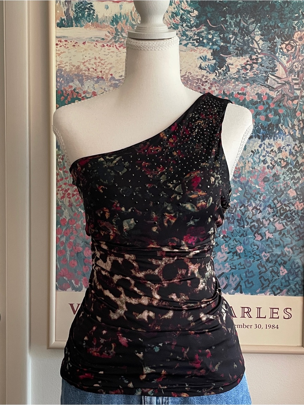 Caché One Shoulder Top XS Black Floral Leopard Rhinestone Ruched Bodycon Y2K